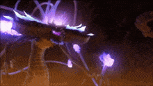 a dragon with purple horns is surrounded by purple flowers
