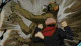 a man in a red jacket is fighting a monster with a helmet on his head