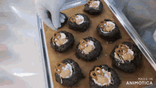 a tray of chocolate cookies with pretzels and sprinkles is made by animatica