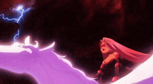 a woman is fighting a dragon with a lightning bolt coming from the sky .