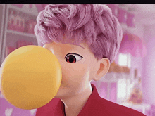 a cartoon character with pink hair blowing a yellow bubble gum