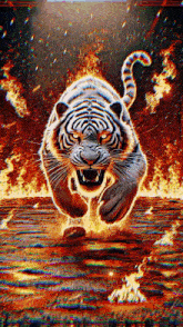 a tiger is jumping in the air with flames surrounding it .