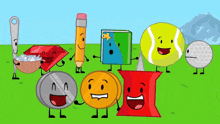 a group of cartoon characters are standing in a grassy field .