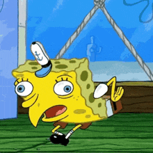 a cartoon of spongebob squarepants with a surprised look on his face .