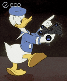 a cartoon of donald duck holding a bunch of money and pointing