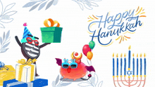 a happy hanukkah greeting card with a monster holding balloons
