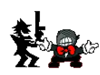 a pixel art of a man holding a gun standing next to another man holding a sword .