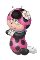 a ladybug with a flower on her head is looking sad