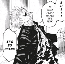 a black and white drawing of a man screaming with the words `` it 's so peak '' .