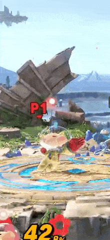 a cartoon character is playing a video game in front of a cliff .