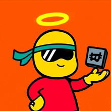 a cartoon character is holding a block with a bitcoin symbol on it