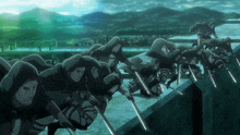 a group of soldiers are holding swords and one of them has the letter r on their back