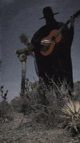 a man playing a guitar in the desert with the words i feel the same tho