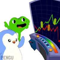 a cartoon of a frog and a penguin looking at a screen with the word pengu on the bottom