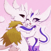 a drawing of two cats hugging each other with one having a purple tail