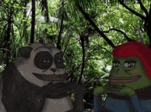 a panda bear and a frog are sitting in the woods