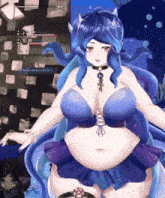 a woman with blue hair and a purple skirt is in a game