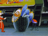 a cartoon character is being eaten by a plant