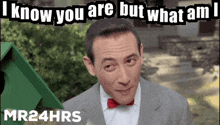 a man in a suit and bow tie says " i know you are but what am "