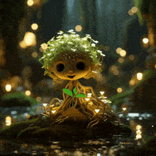 a cartoon character with roots and flowers on his head