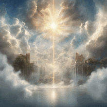 a painting of a castle in the clouds with the sun shining through