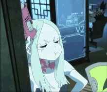 a girl with white hair is standing in front of a v2 sign