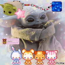 a picture of a baby yoda with kawaii world on the bottom