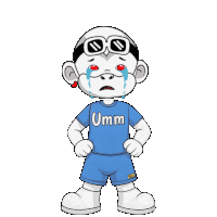 a cartoon character wearing a blue shirt with the word umm on it