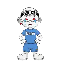 a cartoon character wearing a blue shirt with the word umm on it