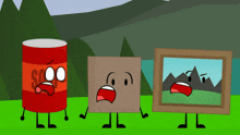 a can of soup a box and a picture are standing in a grassy field