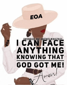 a woman wearing a hat that says " eoa " on it