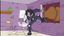 a cartoon character is standing in a bathroom with a sink .