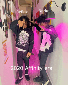 reflex and nerko are standing next to each other in a hallway with pink lights