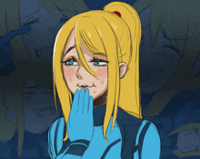 a cartoon drawing of a girl with a ponytail covering her mouth
