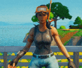 a video game character wearing a tank top and goggles