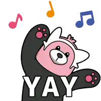 a cartoon of a teddy bear wearing a black shirt with the word yay on it