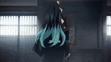 a person with long blue hair is holding a stick