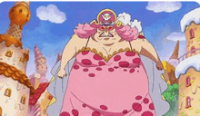 a woman in a pink dress is standing in front of a candy town .