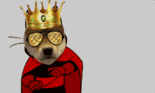 a dog wearing a crown and sunglasses is giving a thumbs up sign