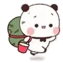 a cartoon panda bear is carrying a watermelon and a bucket .