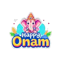 a sticker that says happy onam with a pink elephant on it
