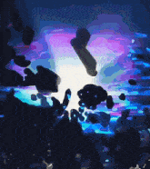 a painting of a purple and blue background with rocks floating in it