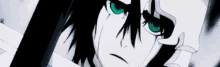 a black and white anime character with green eyes and tears running down his face