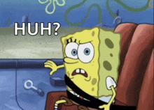 a cartoon of spongebob wearing a seat belt and asking the question huh