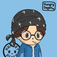 a cartoon character wearing goggles and overalls with the words hungry degen on the bottom