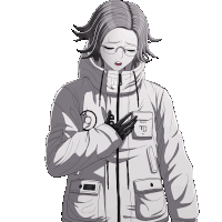 a black and white drawing of a person wearing a jacket with the letter p on the pocket