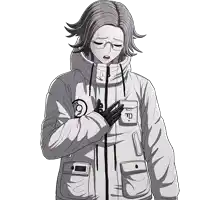 a black and white drawing of a person wearing a jacket with the letter p on the pocket