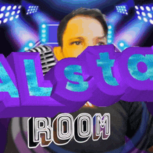 a man behind a sign that says room