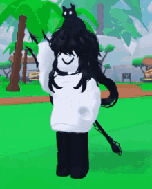 a girl in a white sweater is holding a black cat on her shoulders in a video game .
