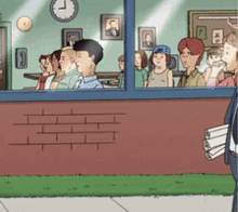 a group of people are looking out a window at a clock